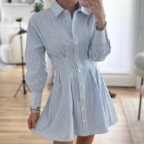 Abercrombie and Fitch Long-Sleeve Poplin Shirt Dress Striped Blue White - Picture 4 of 9